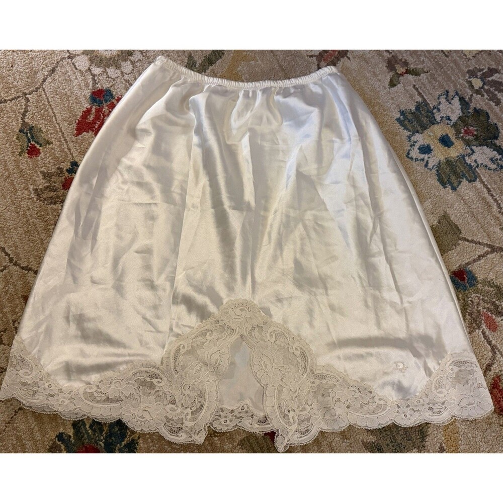 Vintage Christian Dior Satin White Slip Skirt Size M Lace Trim Embroidered Logo
